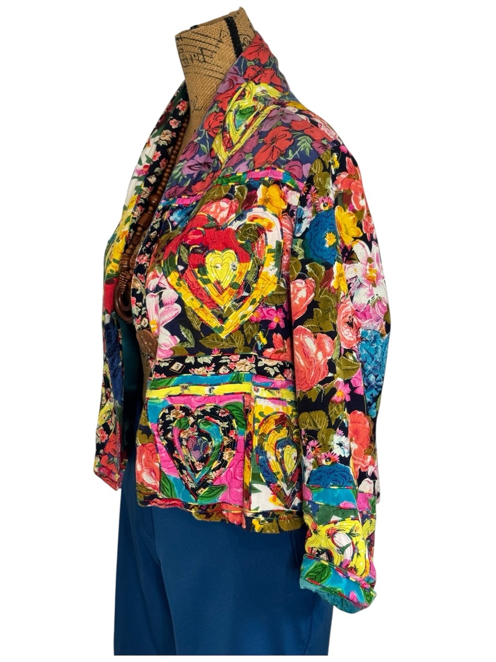 Sandy Starkman Heart Motif Floral Patchwork Jacket Blazer Large 1 Button Granny - Picture 3 of 9
